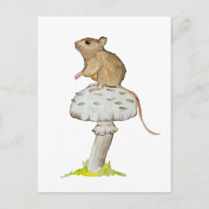 Funny tiny mouse on a mushroom watercolor postcard