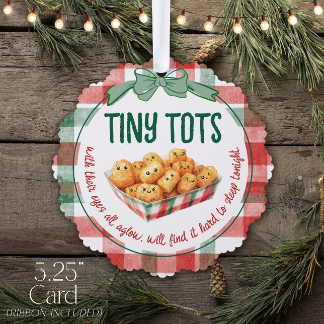 Funny Tiny Tots Holiday Humour Merry Christmas  Ornament Card (Funny tiny tots watercolor plaid bow tater tot smiles Holiday humor Merry Christmas Card Ornament)