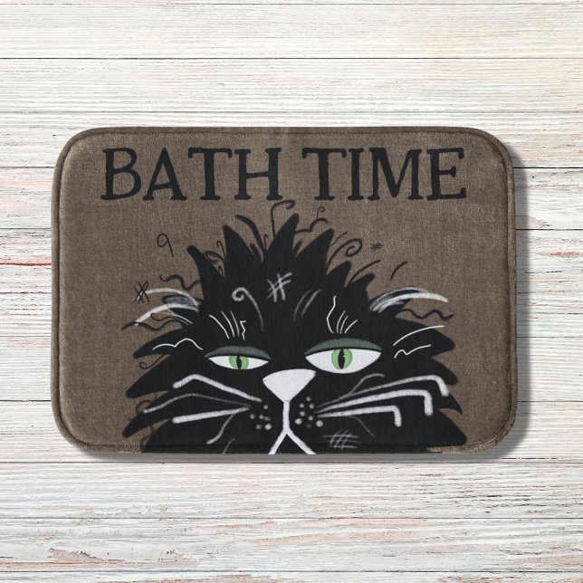Funny Tired Black Cat Bath Time Haggled Bath Mat (Creator Uploaded)