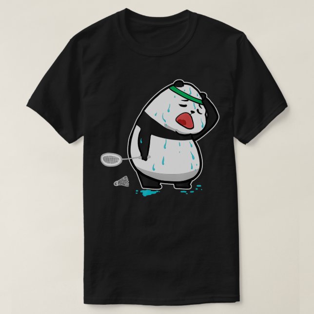 Funny Tired Panda Playing Badminton  T-Shirt (Design Front)