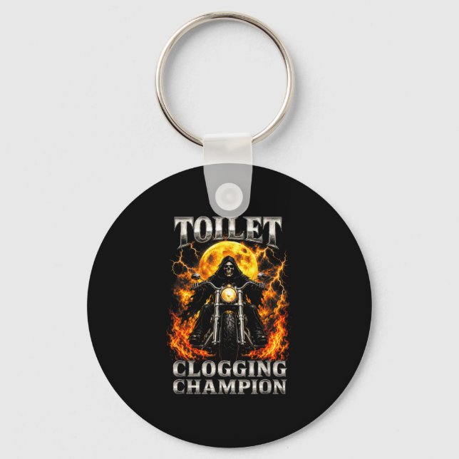 Funny toilet clogging champion skeleton biker keychain (Front)