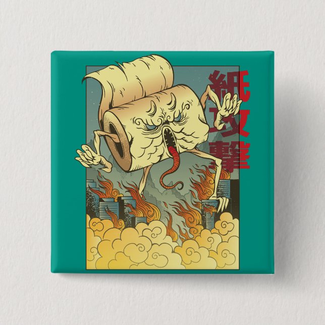 Funny Toilet Paper Monster Japanese Style 2 Inch Square Button (Front)