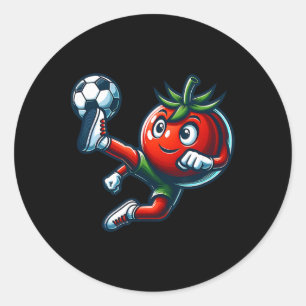 Funny Tomato Soccer Player Kicking Byll Mascot Classic Round Sticker