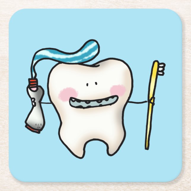funny tooth cartoon square paper coaster (Front)