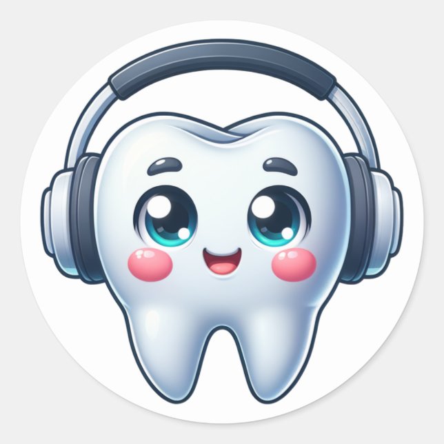 Funny Tooth with Headphones Classic Round Sticker (Front)
