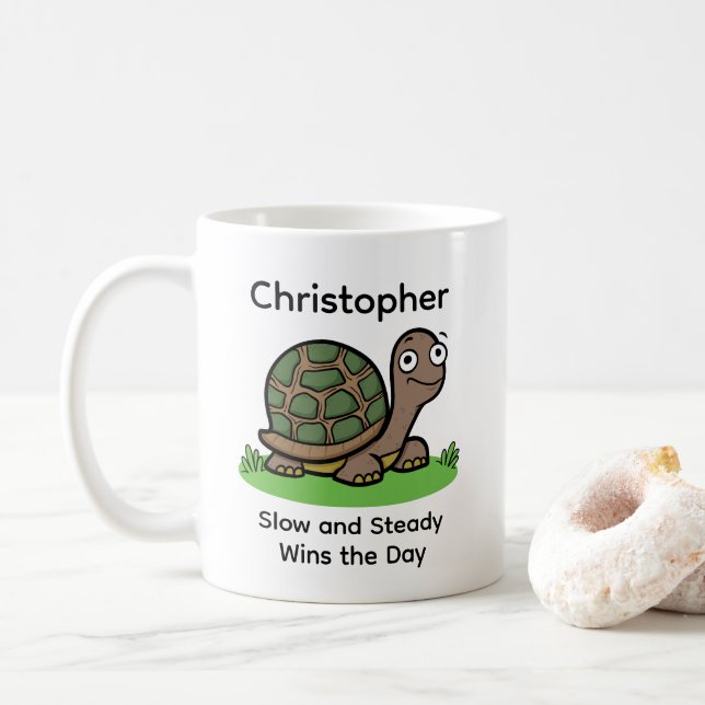 Funny Tortoise Slow And Steady Custom Name Coffee Mug (With Donut)