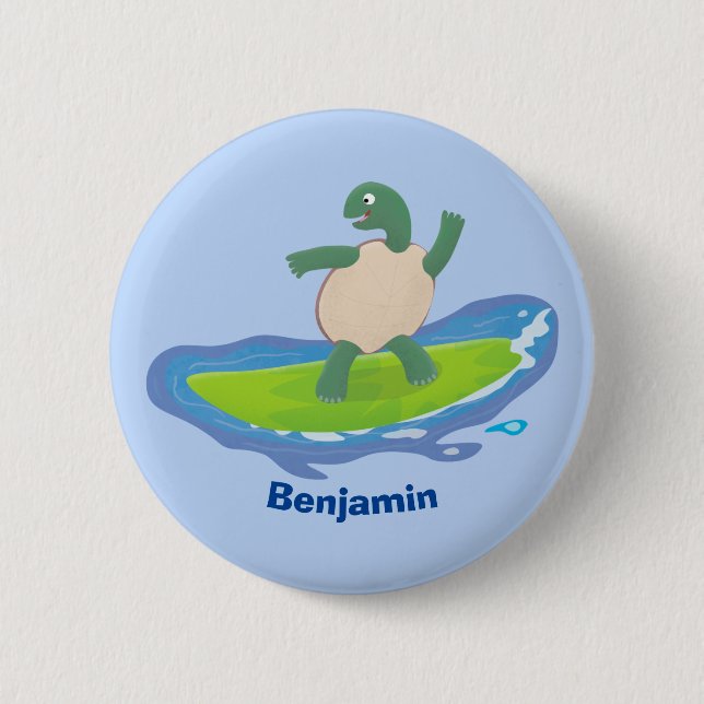 Funny tortoise wave surfing cartoon  2 inch round button (Front)