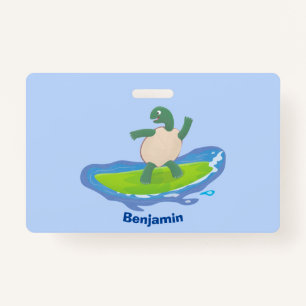 Funny tortoise wave surfing cartoon badge