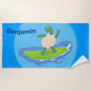 Funny tortoise wave surfing cartoon beach towel