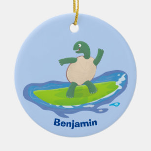 Funny tortoise wave surfing cartoon ceramic ornament