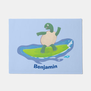 Funny tortoise wave surfing cartoon doormat