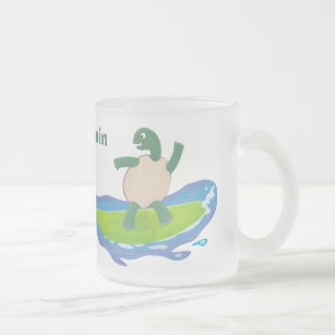 Funny tortoise wave surfing cartoon  frosted glass coffee mug