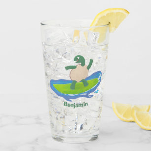 Funny tortoise wave surfing cartoon glass