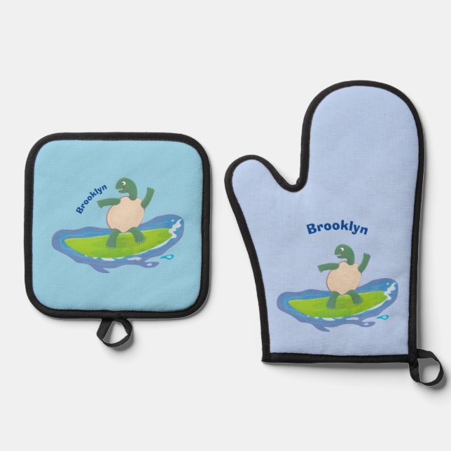 Funny tortoise wave surfing cartoon oven mitt & pot holder set (Front)