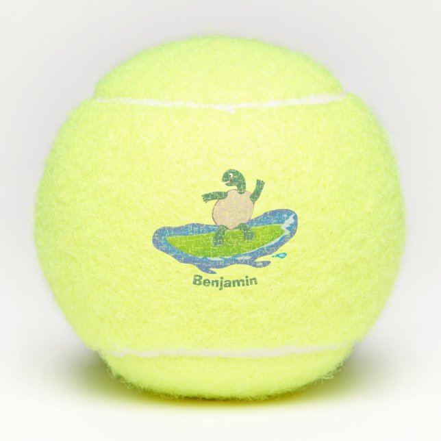 Funny tortoise wave surfing cartoon tennis balls (Front)
