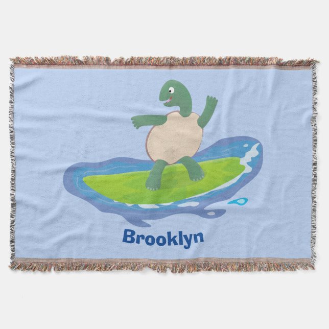 Funny tortoise wave surfing cartoon throw blanket (Front)