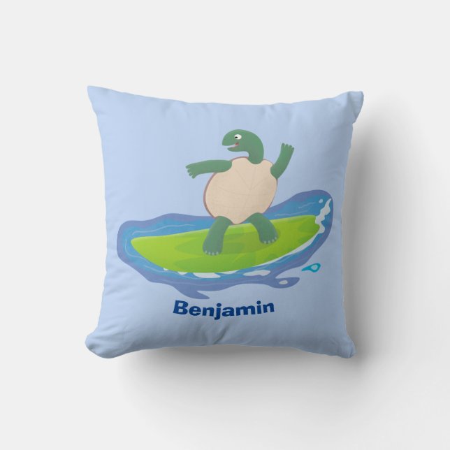 Funny tortoise wave surfing cartoon throw pillow (Front)