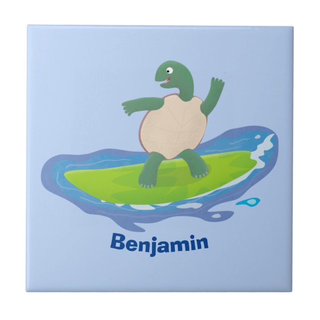 Funny tortoise wave surfing cartoon tile (Front)