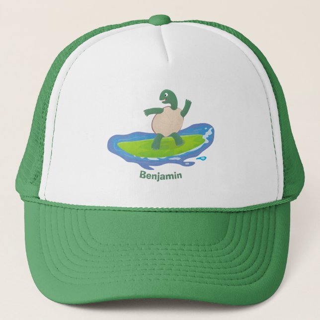 Funny tortoise wave surfing cartoon  trucker hat (Front)