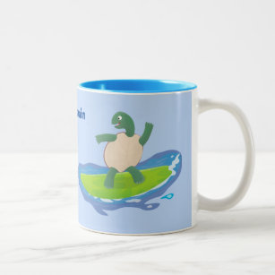 Funny tortoise wave surfing cartoon Two-Tone coffee mug