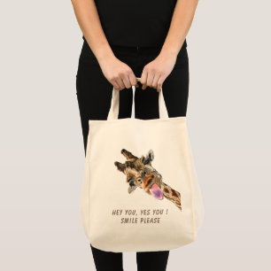 Funny Tote Bag with Playful Giraffe - Custom Text