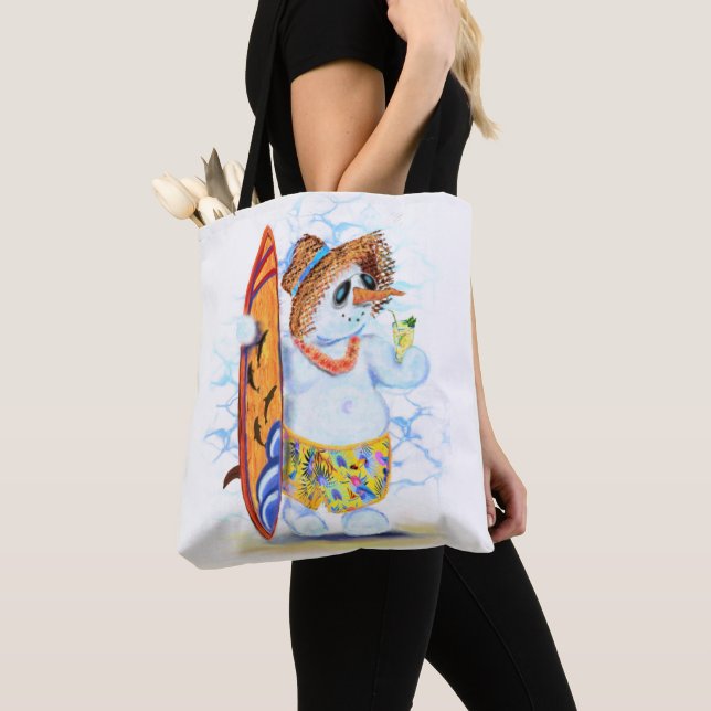 Funny Tote Bag with Snowman Surfer (Close Up)