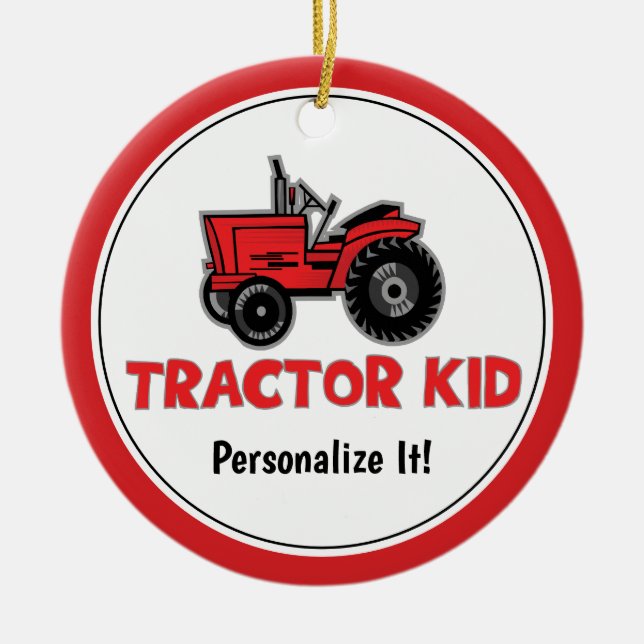 Funny Tractor Kid Red Holiday Personalize Ceramic Ornament (Front)