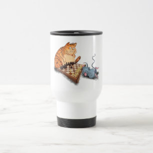 Funny Travel Mug with Cat and Mouse Playing Chess
