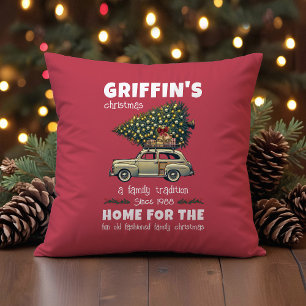 Funny Tree on Car Red Family Christmas Throw Pillow