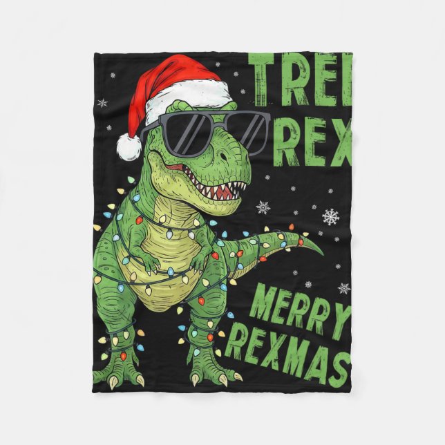 Funny Tree Rex Christmas Dinosaur Santa Hat Lights Fleece Blanket (Front)