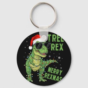 Funny Tree Rex Christmas Dinosaur Santa Hat Lights Keychain