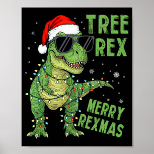 Funny Tree Rex Christmas Dinosaur Santa Hat Lights Poster