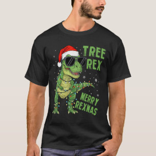 Funny Tree Rex Christmas Dinosaur Santa Hat Lights T-Shirt
