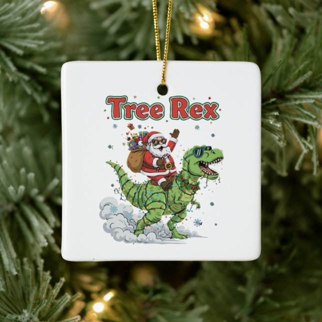  Funny Tree Rex Santa Riding T-Rex Dinosaur Christ Ceramic Ornament (Tree)