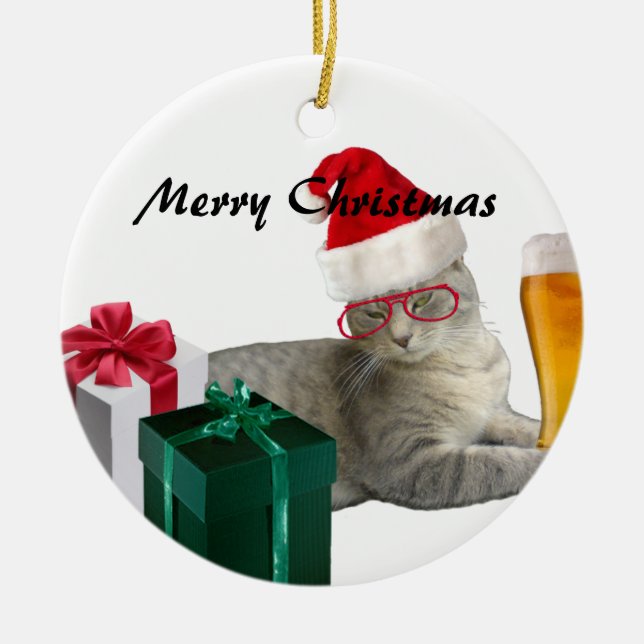 Funny trendy Christmas Santa cat with beer Ceramic Ornament (Front)