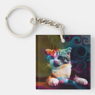 FUNNY TRENDY COLORFUL CAT ART KEYCHAIN