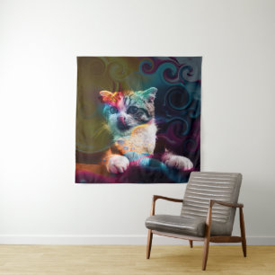FUNNY TRENDY COLORFUL CAT ART TAPESTRY