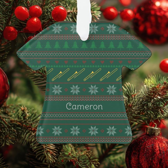 Funny Trombone Christmas Sweater Pattern Custom Ornament (Creator Uploaded)