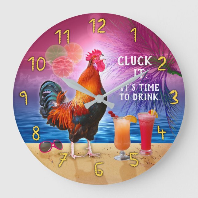 Funny Tropical Beach Rooster Chicken | Cluck It Large Clock (Front)
