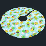 Funny Tropical Christmas Pineapples Brushed Polyester Tree Skirt<br><div class="desc">Funny,  tropical Christmas pineapples wearing sunglasses and festively decorated with Christmas lights,  ornaments and candy canes.  This pattern has a pastel blue background with Hawaiian hibiscus flowers.  This tree skirt is a perfect addition to a tropical theme Christmas tree!</div>