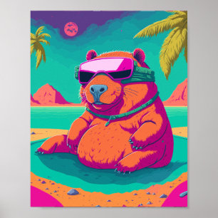Funny Tropical Cyberpunk Capybara Art Poster