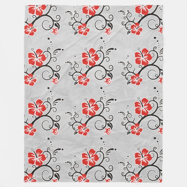 Funny Tropical Hibiscus Decor black red white Fleece Blanket (Front)