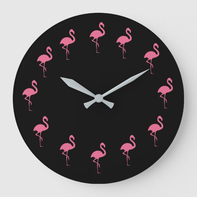 Funny Tropical Pink Flamingos Large Clock (Front)