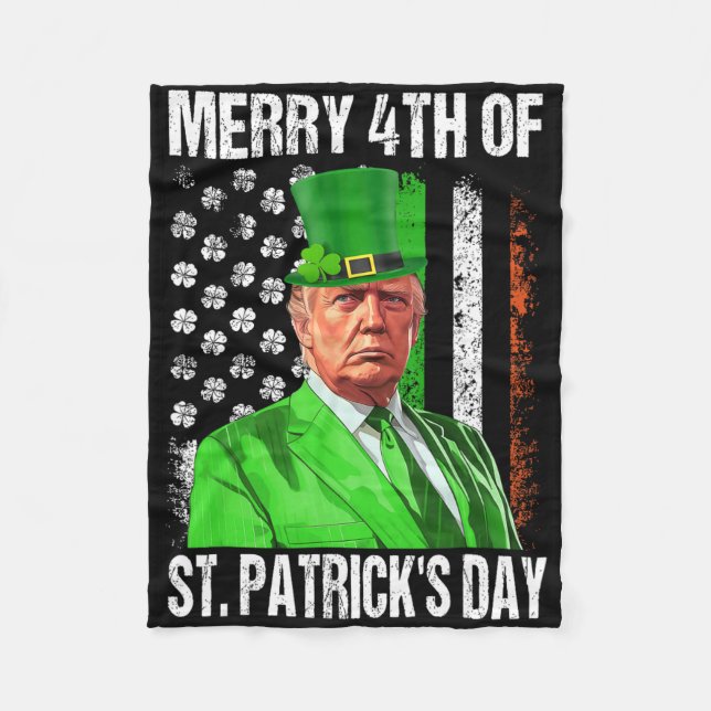 Funny Trump Leprechaun Hat Merry 4th Of St Patrick Fleece Blanket (Front)