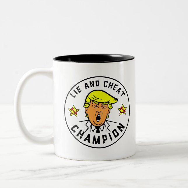 Funny Trump Lie and Cheat Champion Two-Tone Coffee Mug (Left)