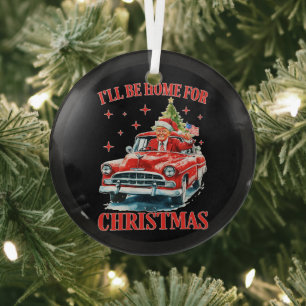 Funny Trump Santa Hat I'll Be Home for Christmas Glass Ornament