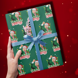 Funny Trump Santa I'll Be Home For Christmas Green Wrapping Paper