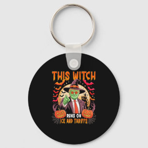 Funny Trump Witch Runs On Ice And Tariffs Hallowee Keychain