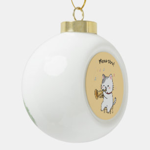 Funny Trumpet Cat – Cute Feline Jazz Ceramic Ball Christmas Ornament