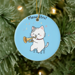 Funny Trumpet Cat – Cute Feline Jazz Ceramic Ornament